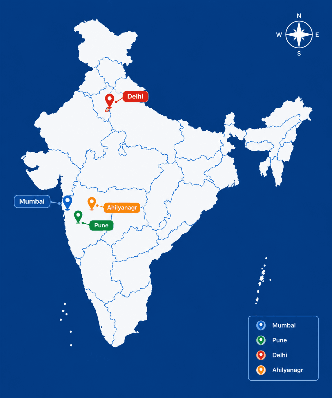 Map showing Vishwasai locations in Delhi, Ahilyanagar, Pune, and Mumbai
